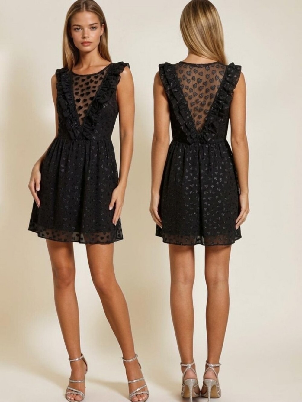 EVA FRANCO Black Foil Heart Ruffled Cocktail Dress - Size 12